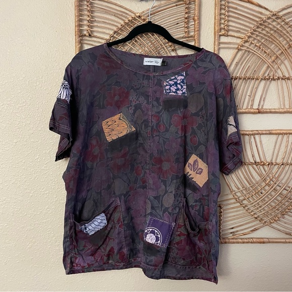 Water Lily Tops - Water Lily Floral Patchwork Top Blouse Asian Art to Wear Whimsy Women's Sz S B28